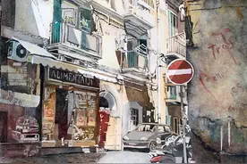 杰出的艺术家水彩画作品欣赏，沐浴在阳光下的街景图片