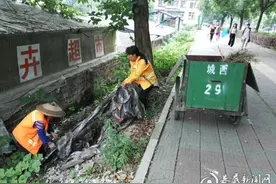 娄底环卫工人冒雨清理扶青路边坡垃圾图片