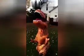 这家小孩的万圣节装扮是一只恐龙，老爸在后面笑的生无可恋了！图片