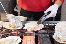 日本街头烤鲜活大扇贝，肥美多汁，个头超大，吃一个就饱了视频封面