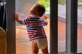 张晋晒与儿子合照，父子相视而笑超有爱，9个月乐儿扶窗站立萌翻图片