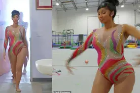 Cardi B受奥运会启发，挺着孕肚练艺术体操，“彩钻”连体衣耀眼图片