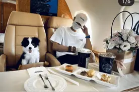 黄子韬高调晒私人飞机，在高空享受牛排大餐，宠物狗独享豪华座椅图片