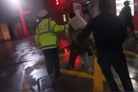 工人被玻璃割破腿部大动脉，交警雨夜开道护送就医图片