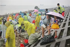 “人类抛进海里的，应该自己捡回来！”上海市民冒雨江堤清理“抢地盘”图片