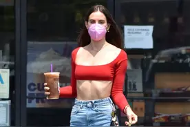 斯科特-威利斯身穿红色超短上衣身材火辣 牵着狗狗喝咖啡悠闲惬意图片
