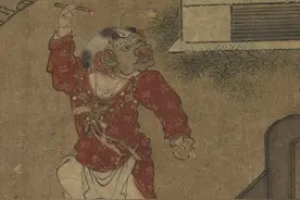 北宋时期的一幅《婴戏图》，戴面具的孩子让人害怕，坐床上抹口红图片