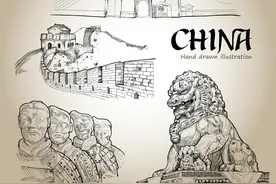 长城故宫天坛熊猫手绘高清大图图片