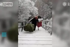 不容易！“黄山挑山工”肩挑一百多斤货物冒雪爬山视频封面