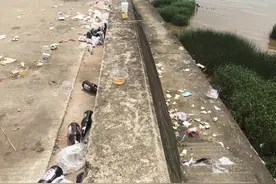 大量酒瓶子留在中山港大桥下堤岸上，市民担心伤到骑行人图片
