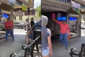 阻止抗议新姿势——手持电锯，与抗议者对峙图片