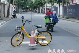 “共享单车路障”横停路中逾24小时 折断的钢丝绳也在半空悬了一整天图片