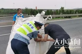 900公斤豆粕撒漏公路！路政人员调来叉车协助清除“拦路虎”图片
