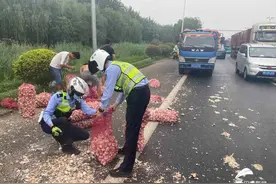 “辣眼睛”！济宁街头一货车上大蒜洒落 俩交警在路上捡了10分钟大蒜图片