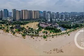 直击两江洪水｜洪峰过境合川：路面水深两米多，市民踩隔离栏杆通过积水路段图片