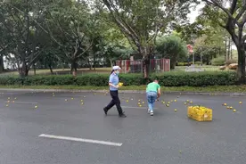 果农不慎将水果洒落，民警和外卖小哥共同帮忙拾起图片