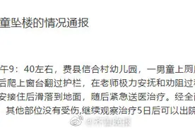 山东官方通报费县男童幼儿园坠楼：男童上厕所时误将门反锁，无法打开后爬上窗台图片