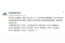 受本场天气原因影响，武汉天河机场进出港延误共87架次航班，取消共123架次航班图片