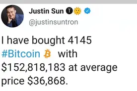 波场币创始人孙宇晨抄底比特币，买入4145枚，均价不到3.7万美元图片