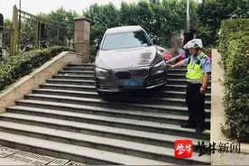 误把台阶当成停车场入口，宝马车直接冲下去图片