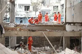 湖北十堰燃气爆炸事故救援现场：救援人员利用雷达生命探测仪和搜救犬同步展开搜救图片