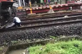 印度一辆火车紧急刹车 人们从车底救出穿越铁轨的老人图片