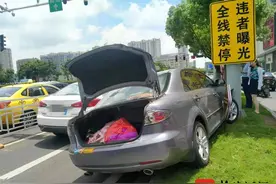 忙中出错油门当刹车，小轿车一头撞上了路灯杆图片