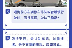 每日安全丨遇到前方车辆停车排队或者缓慢行驶时，强行穿插，做法正确吗？图片