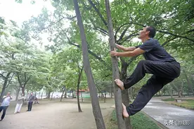 ​为锻炼大叔学猴子爬行上树，身体小毛病全消失图片