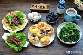 「多妈早餐日记」红枣糙米豆浆、蛋挞、手抓饼卷牛排、鸡蛋、水果图片