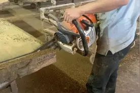 简阁家居实木大板家具制作切割原木过程，乌金木红木家具加工场景图片