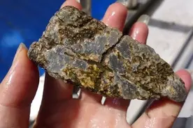 河边捡到一块凹凸不平的石头，谁能想到却是一块极品高冰翡翠原石图片