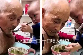 3岁宝宝走红网络，爬桌上喂太爷爷吃饭，网友：这才是高级别教养图片