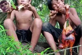 越南小孩儿丛林吃烧鸡，嘴巴吧唧吧唧，让人直流口水视频封面