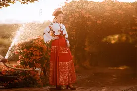 小兵带美女模特去拍炮仗花，这么鲜艳的花，应该穿什么样的服装？