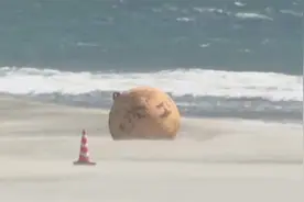 日本海滩现巨大神秘球！两端凸起有把手，警方紧急封锁海滩视频封面