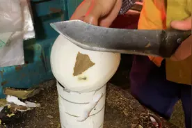 解压！路边摊惊人的开椰子技巧，看老板撬开椰壳感觉很舒适~