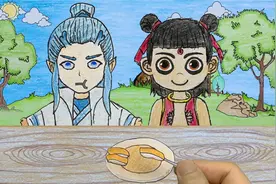 手绘定格动画：哪吒和敖丙分享烤猪肉，敖丙不客气的全部吃完视频封面