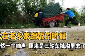 拿着钓的鱼去老乡家蹭饭，正吃着，突然一声响！三轮车掉沟里了视频封面