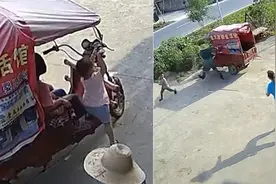 有惊无险！电动三轮车忘拔钥匙孩子下车误拧油门，被爷爷一把拽住视频封面