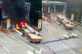 惊险！监拍：大货车进收费站时刹车失灵撞向安全岛 车头被撞断视频封面