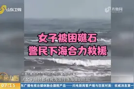 青岛：女子被困礁石，随后被大浪卷入海中，警民奋勇下海合力救援视频封面