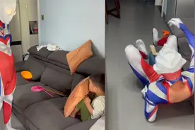 爸爸扮成奥特曼教育宝宝转身就翻车，妈妈在一旁笑出猪叫视频封面