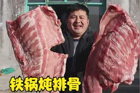 200元买了2整扇排骨，农村柴火铁锅炖排骨，一家8个人吃的美了视频封面