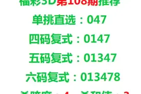 福彩3D第108期，双胆04应下一到两码。重点两小一大，防组三全小视频封面