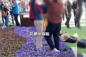 大妈脚踩花田拍照，无视游客呵斥制止，花都被踩坏了视频封面