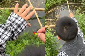 5岁萌娃拿竹竿钓鱼，网友不足为奇，下一秒提竿喜提小鱼全场愣住视频封面