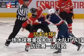 功夫冰球？一场冰球赛美国和加拿大队打了3架：一边比赛一边互殴视频封面