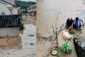 湖北荆州暴雨：河水上涨房屋被淹 居民齐腰深水中救出“二师兄”视频封面