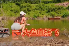 美女钓鱼太疯狂了，几斤重的大鱼咬钩直接飞竿，看着就过瘾视频封面